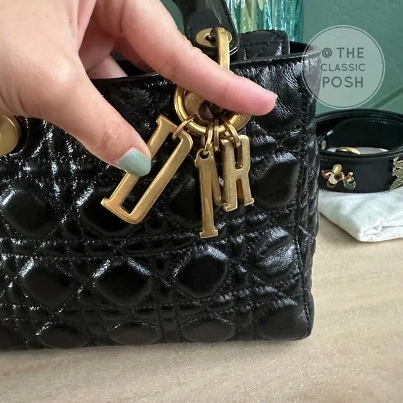 Lady Dior Cannage Small Crinkled Calfskin Black Gold Shoulder Crossbody Bag - Picture 12 of 15